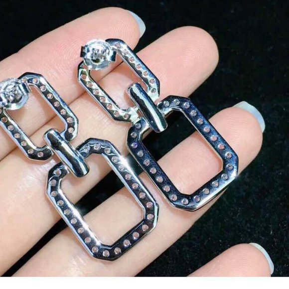 NEW Silver Double Square Round Diamond Earrings - Picture 8 of 9